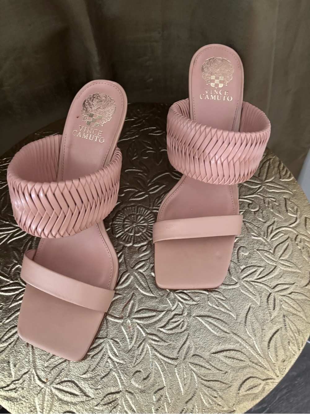 Vince Camuto Blush Pink Woven Two-Strap Slide Mules